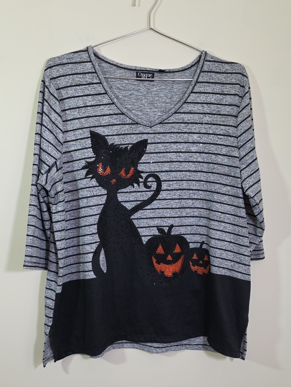Onque Gray & Black Halloween Cat Sparkly Graphic 3/4 Sleeve Pullover Woman Sz 3X